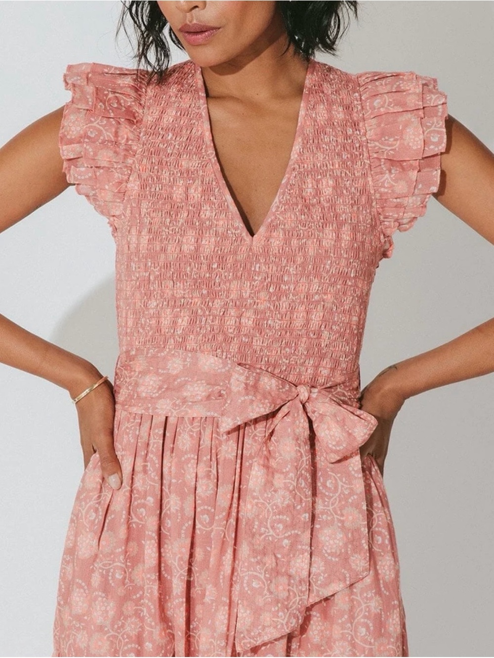 Cleobella Smocked V-Neck Ruffle Sleeve Maxi Dress - Coral Pink